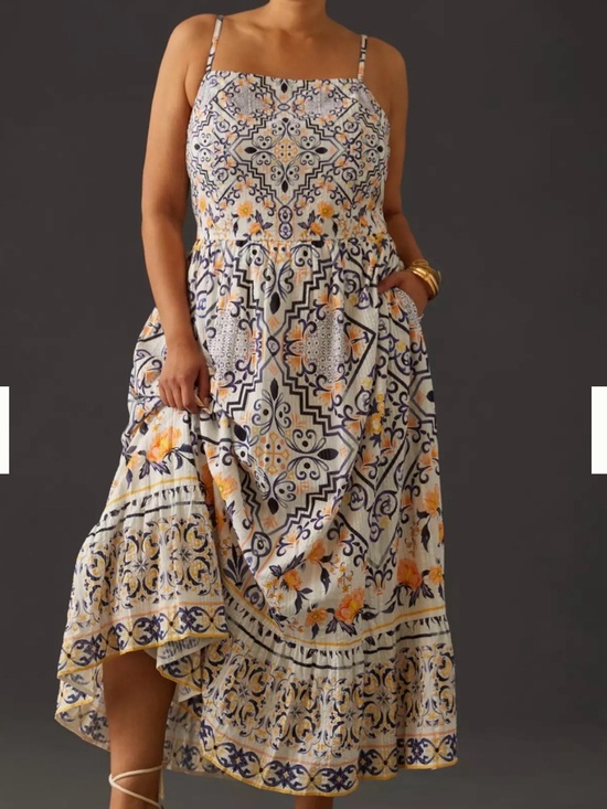 Anthropologie Dresses & Skirts - Anthropologie Ivory Maxi Dress with Navy Tile & Yellow Floral Print